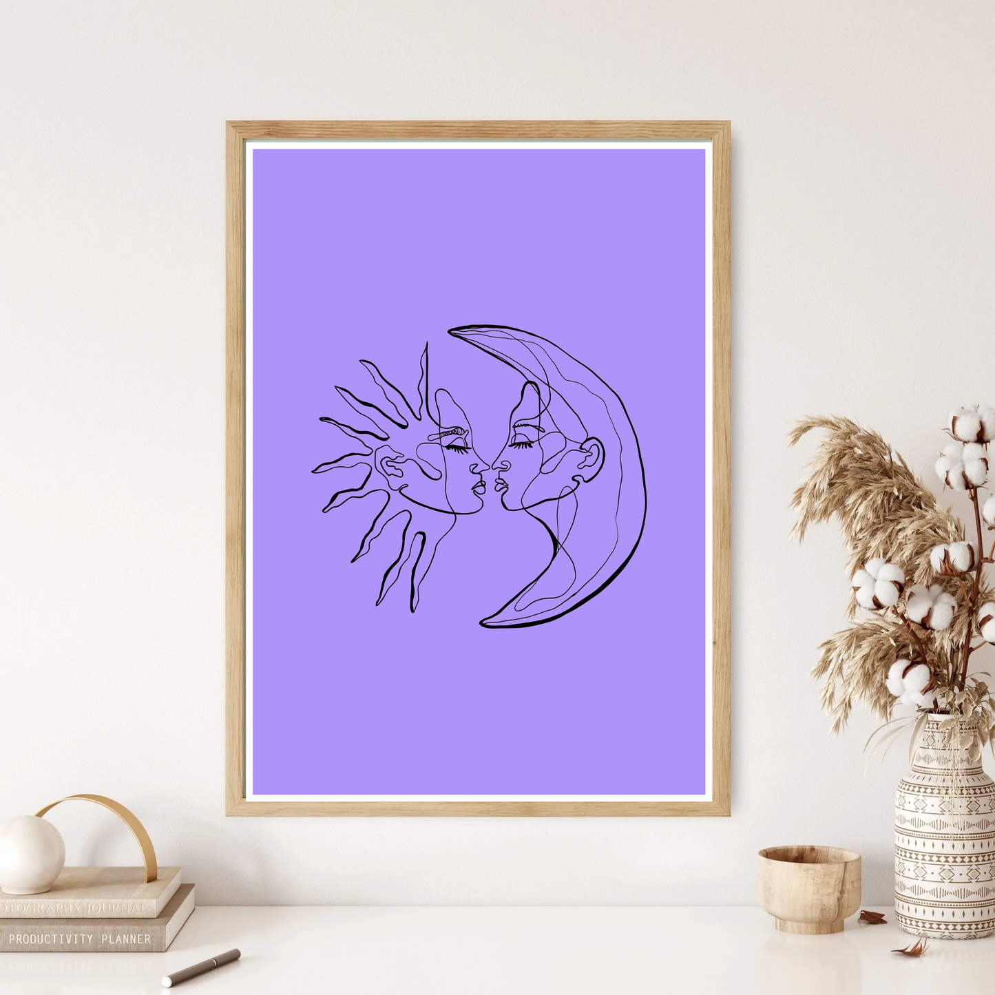 Sun & Moon Cosmos Femininity Line Art Wall Print (5 Colours)
